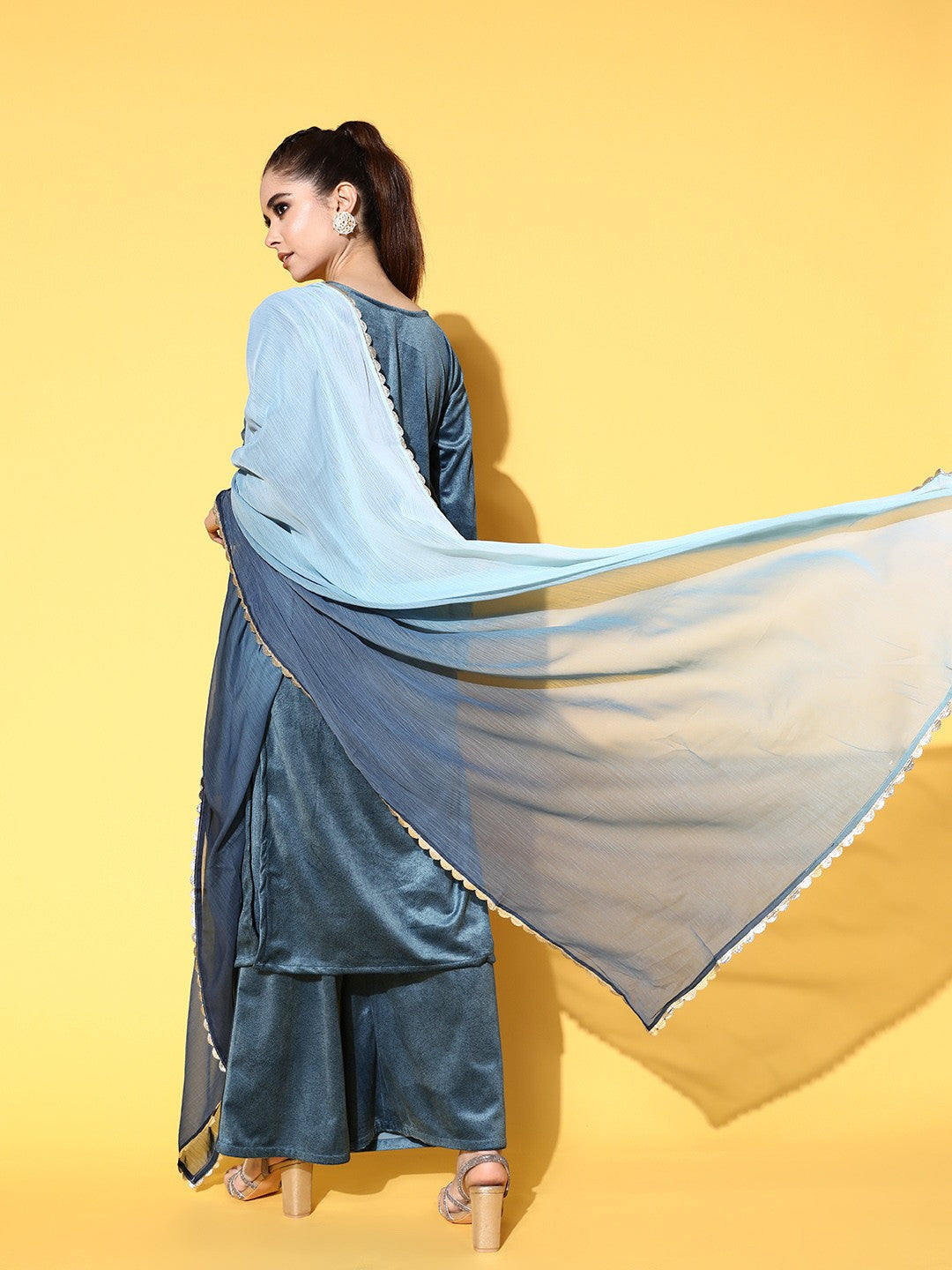 Turquoise Blue Textured Velvet Kurta with Palazzos & Dupatta