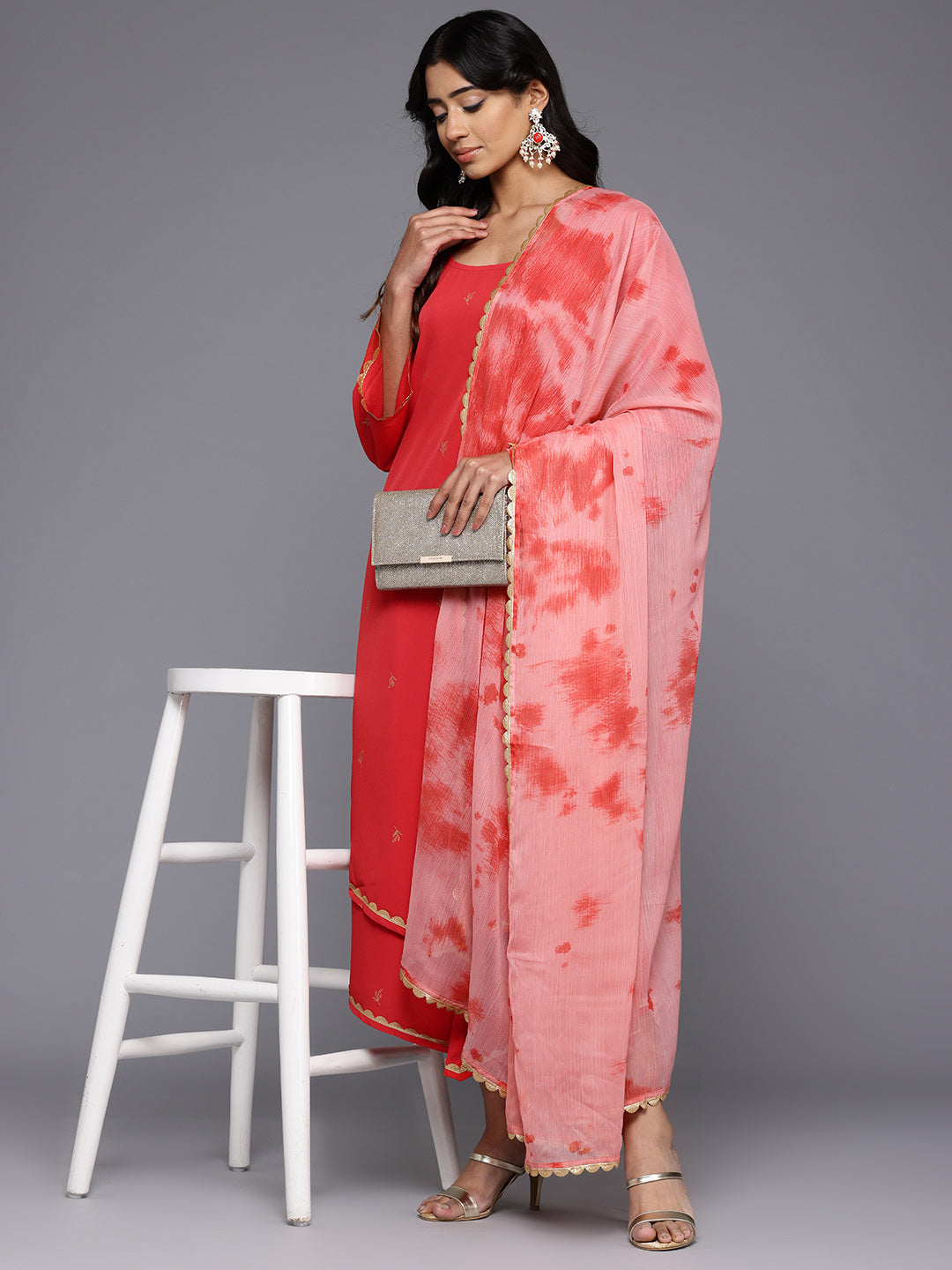 Floral Printed Gotta Patti Kurta With Palazzos & Dupatta