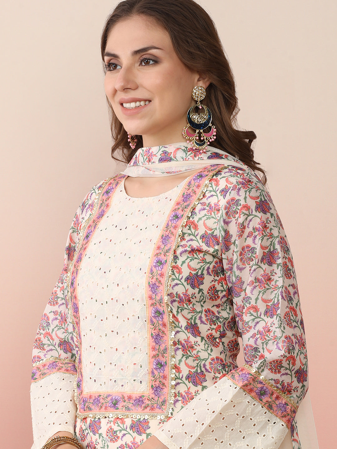 Floral Printed Round Neck Flared Sleeves Straight Kurta With Palazzos & Dupatta