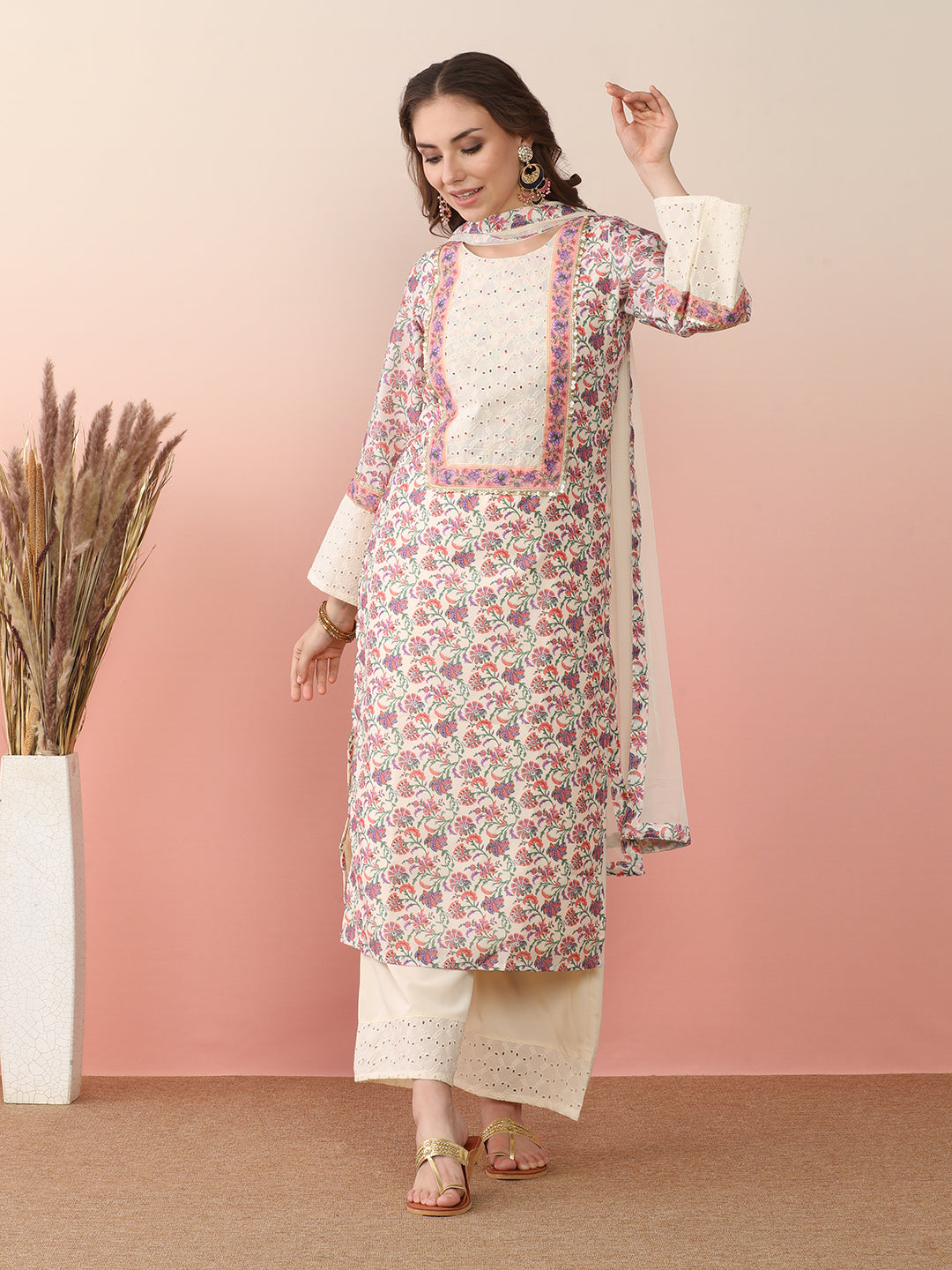 Floral Printed Round Neck Flared Sleeves Straight Kurta With Palazzos & Dupatta