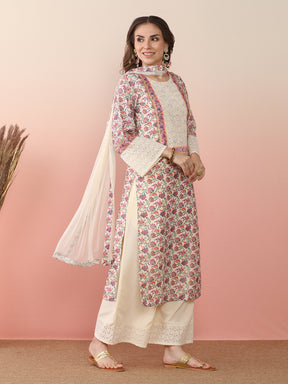 Floral Printed Round Neck Flared Sleeves Straight Kurta With Palazzos & Dupatta