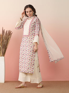 Floral Printed Round Neck Flared Sleeves Straight Kurta With Palazzos & Dupatta