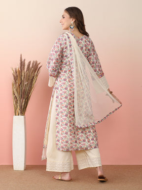 Floral Printed Round Neck Flared Sleeves Straight Kurta With Palazzos & Dupatta