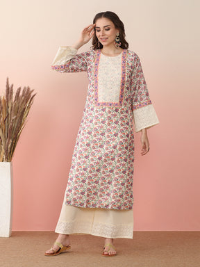 Floral Printed Round Neck Flared Sleeves Straight Kurta With Palazzos & Dupatta