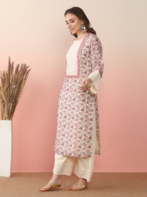 Floral Printed Round Neck Flared Sleeves Straight Kurta With Palazzos & Dupatta