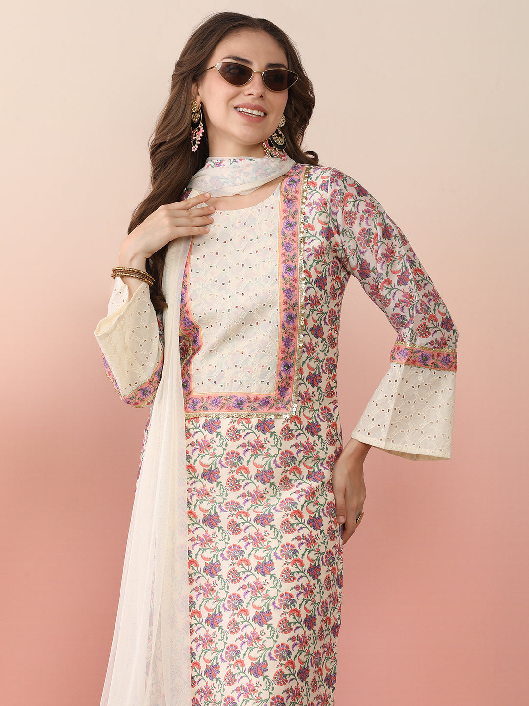 Floral Printed Round Neck Flared Sleeves Straight Kurta With Palazzos & Dupatta