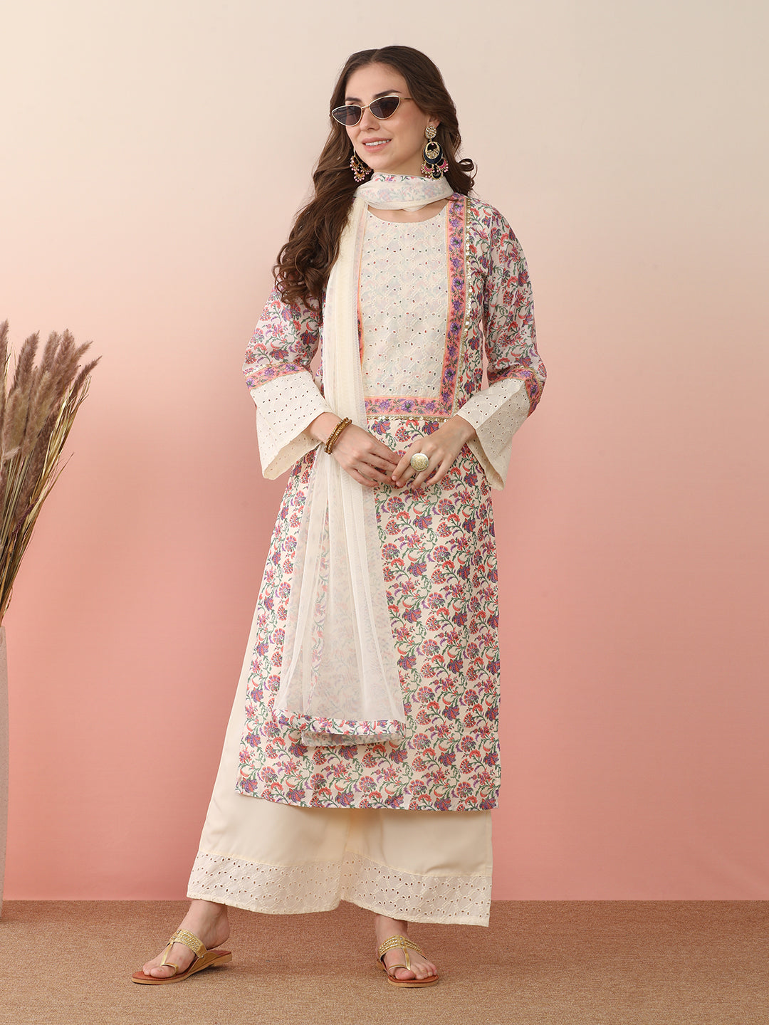 Floral Printed Round Neck Flared Sleeves Straight Kurta With Palazzos & Dupatta