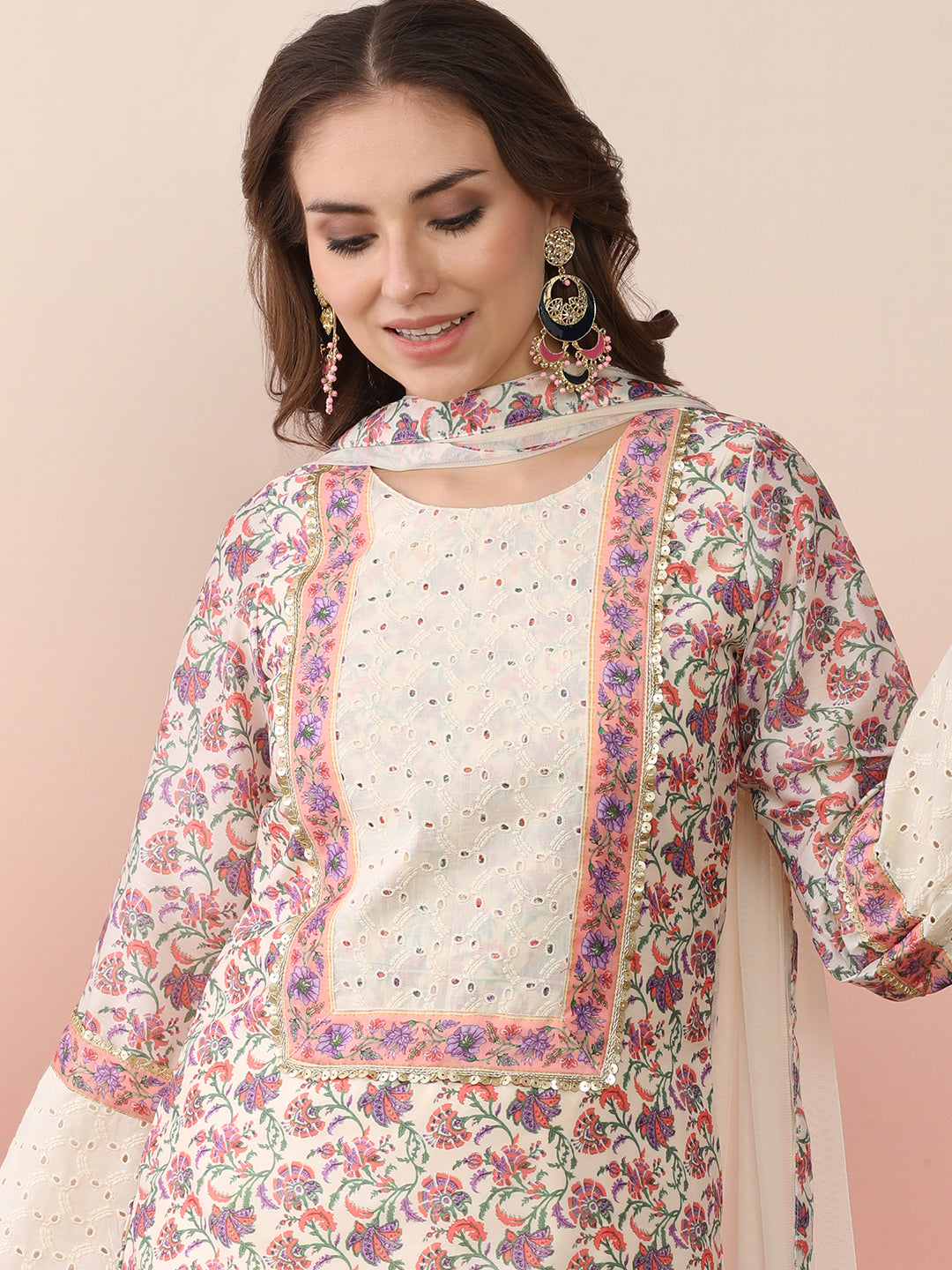 Floral Printed Round Neck Flared Sleeves Straight Kurta With Palazzos & Dupatta