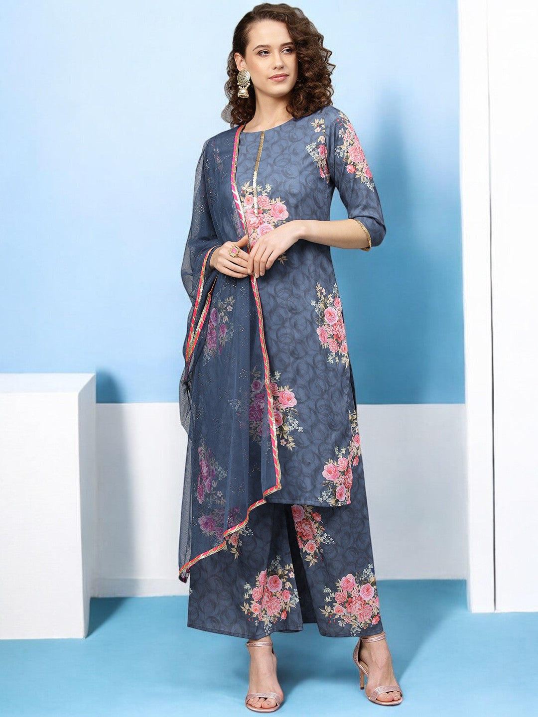 Blue & Pink Printed Kurta with Palazzos & Dupatta