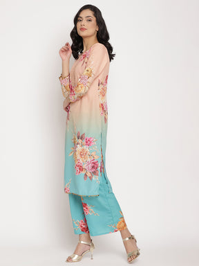 Peach Floral Printed Kurta Palazzo Set With Dupatta