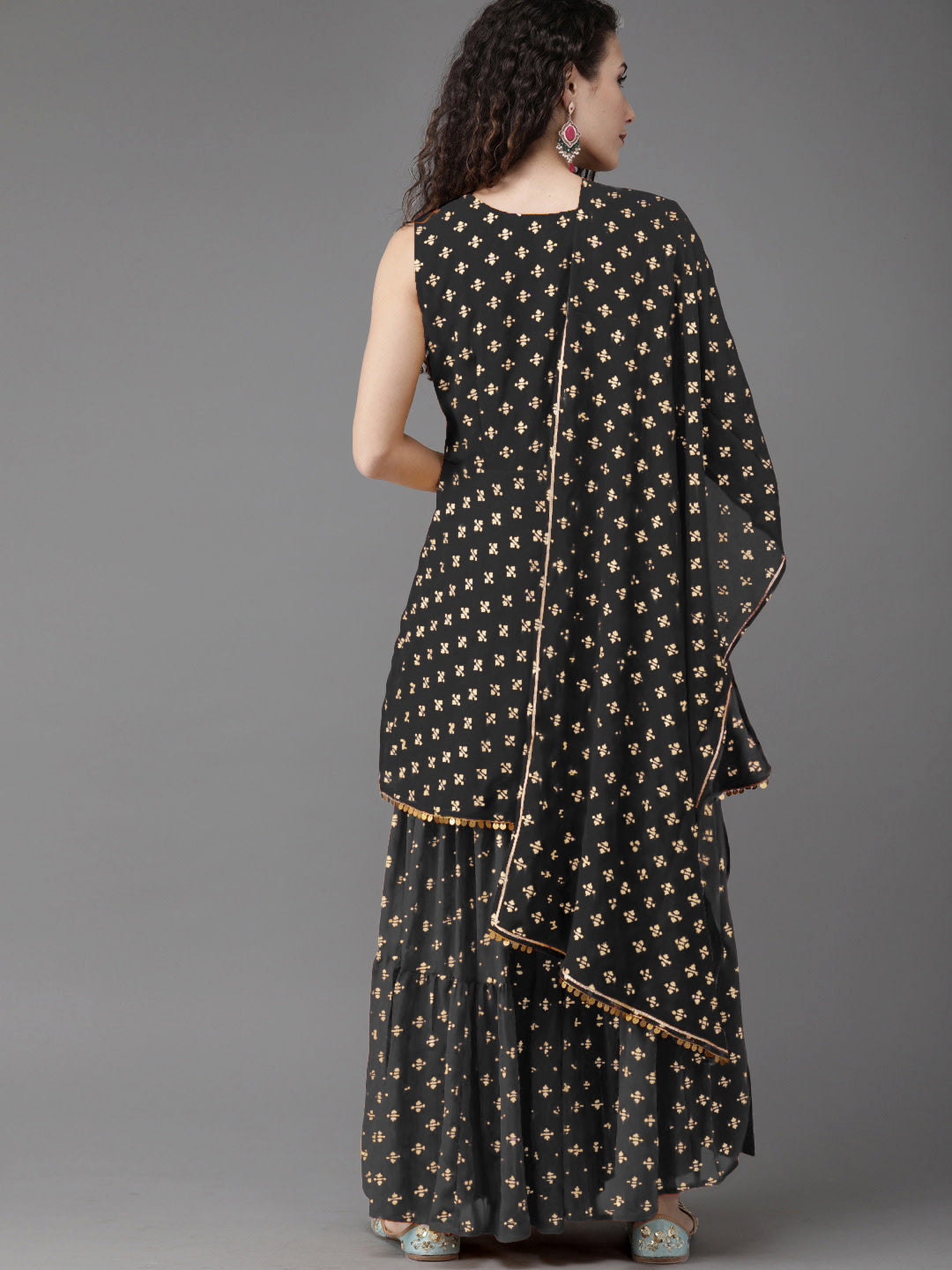 Women Black Ethnic Motifs Printed Empire Kurta with Sharara & With Dupatta