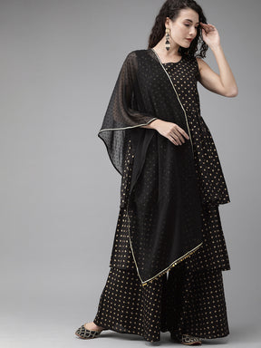 Women Black & Golden Printed Tiered Kurta with Sharara & Dupatta