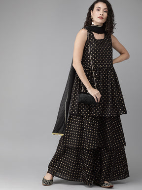 Women Black & Golden Printed Tiered Kurta with Sharara & Dupatta