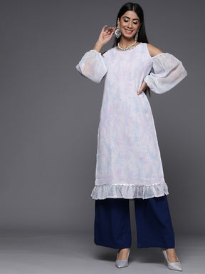 Ahalyaa Women Blue & White Floral Printed Cold-Shoulder Sleeves Gotta Patti Georgette Kurta