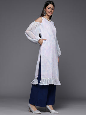 Ahalyaa Women Blue & White Floral Printed Cold-Shoulder Sleeves Gotta Patti Georgette Kurta