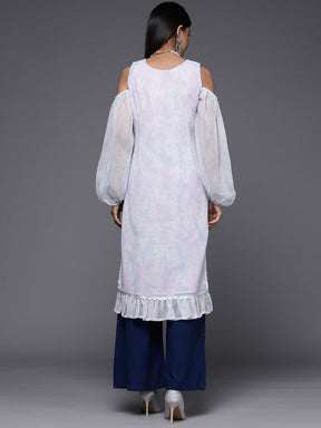 Ahalyaa Women Blue & White Floral Printed Cold-Shoulder Sleeves Gotta Patti Georgette Kurta