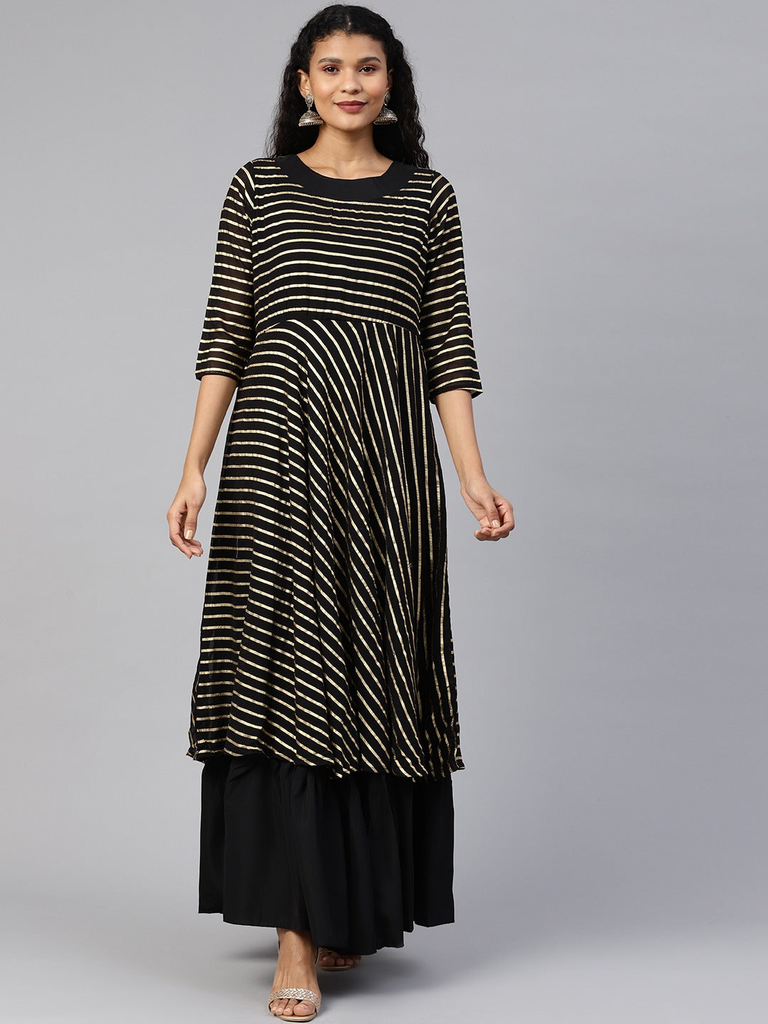 Black & Golden Striped Layered Maxi Dress