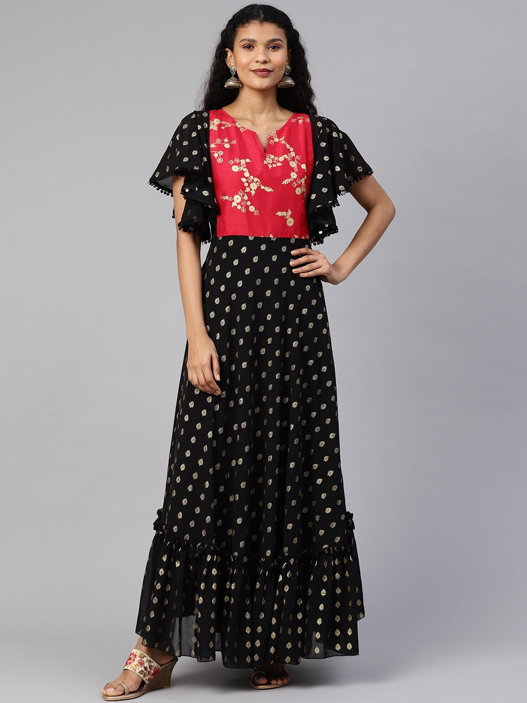 Black & Red Flared Ethnic Maxi Dress