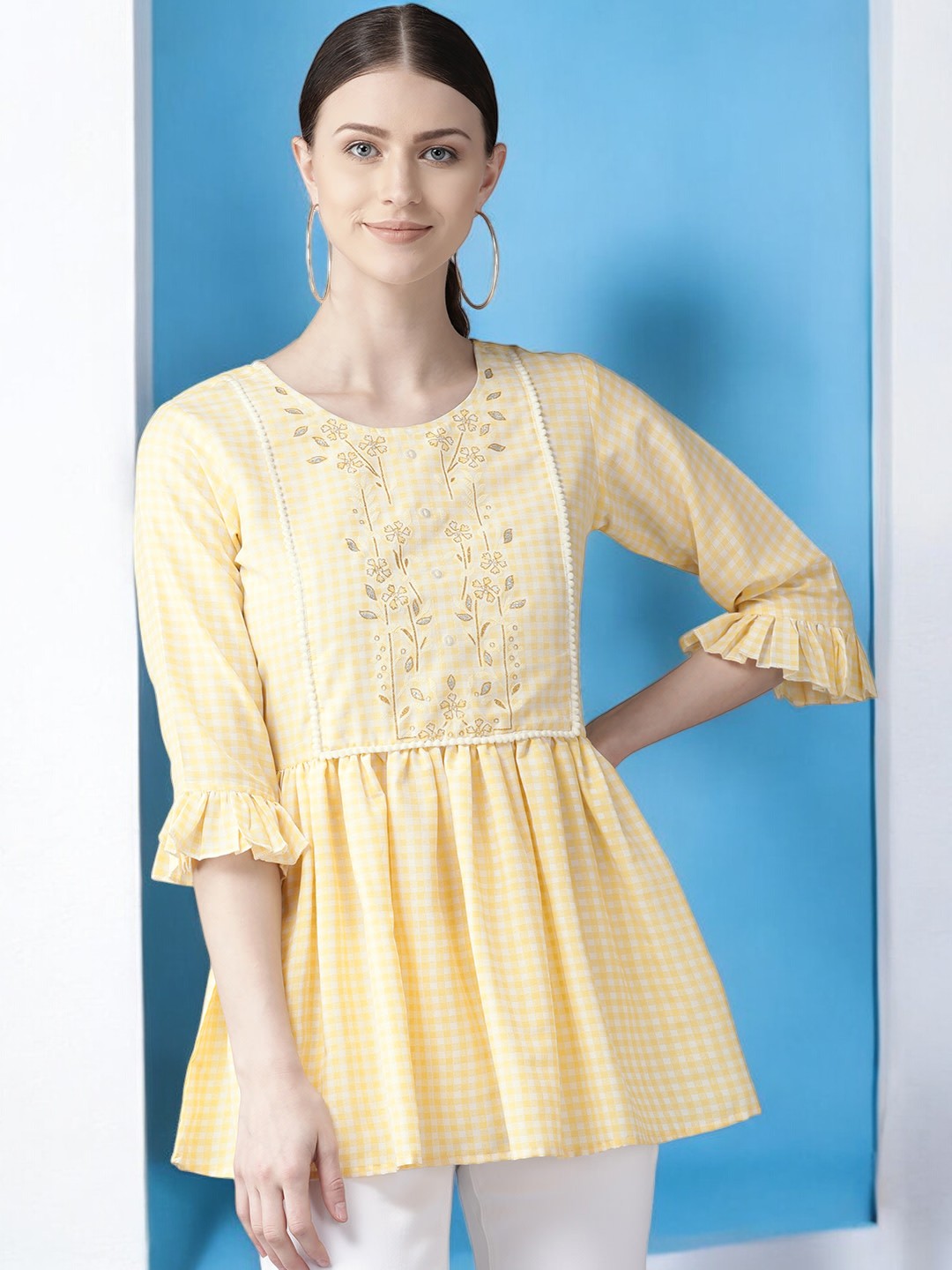 Yellow & White Checked A-Line Top