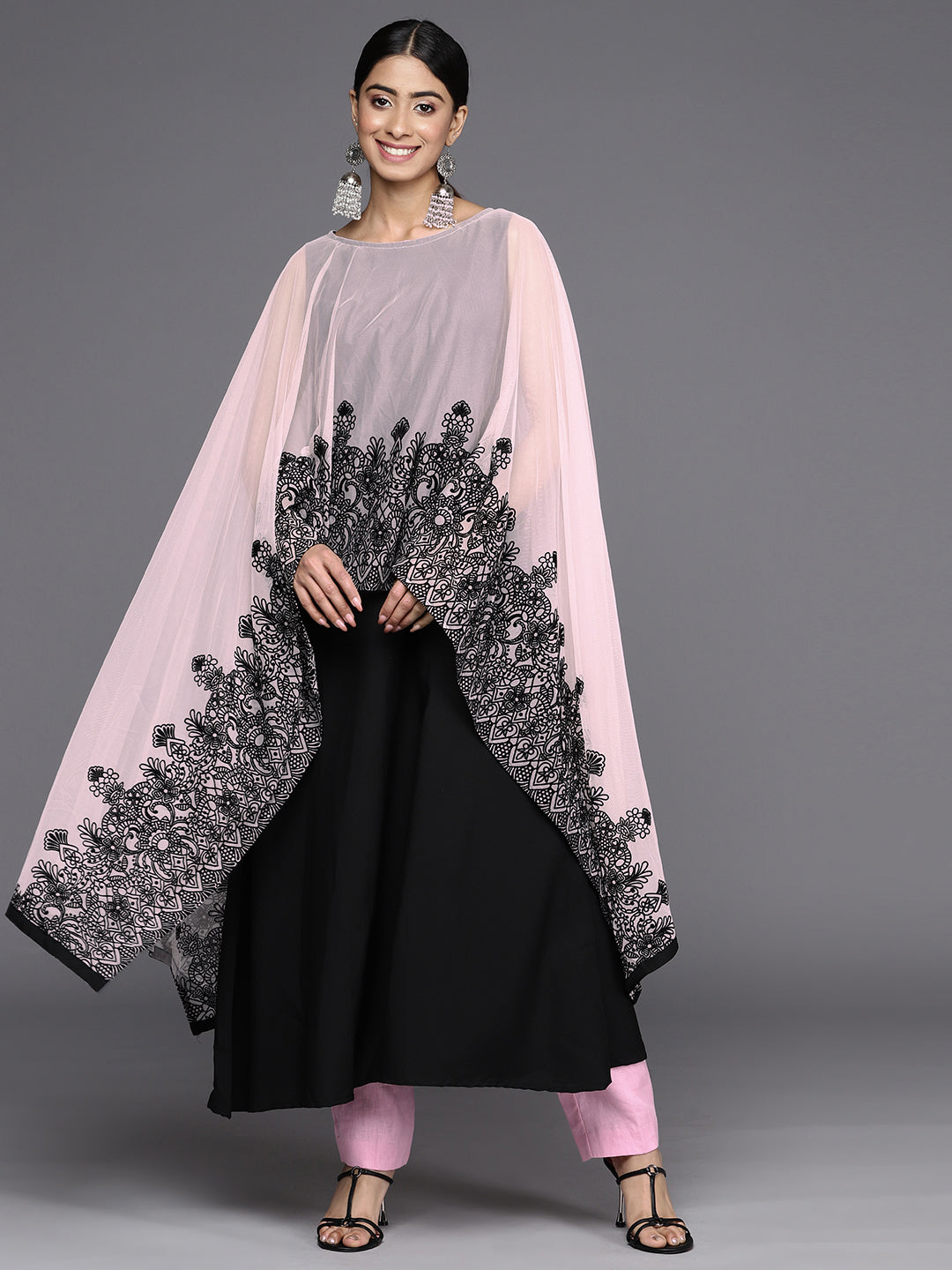 Black & Pink Embellished A-Line Kurta