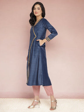 Navy Solid Velvet Angrakha Kurta With Gold Printed Pant