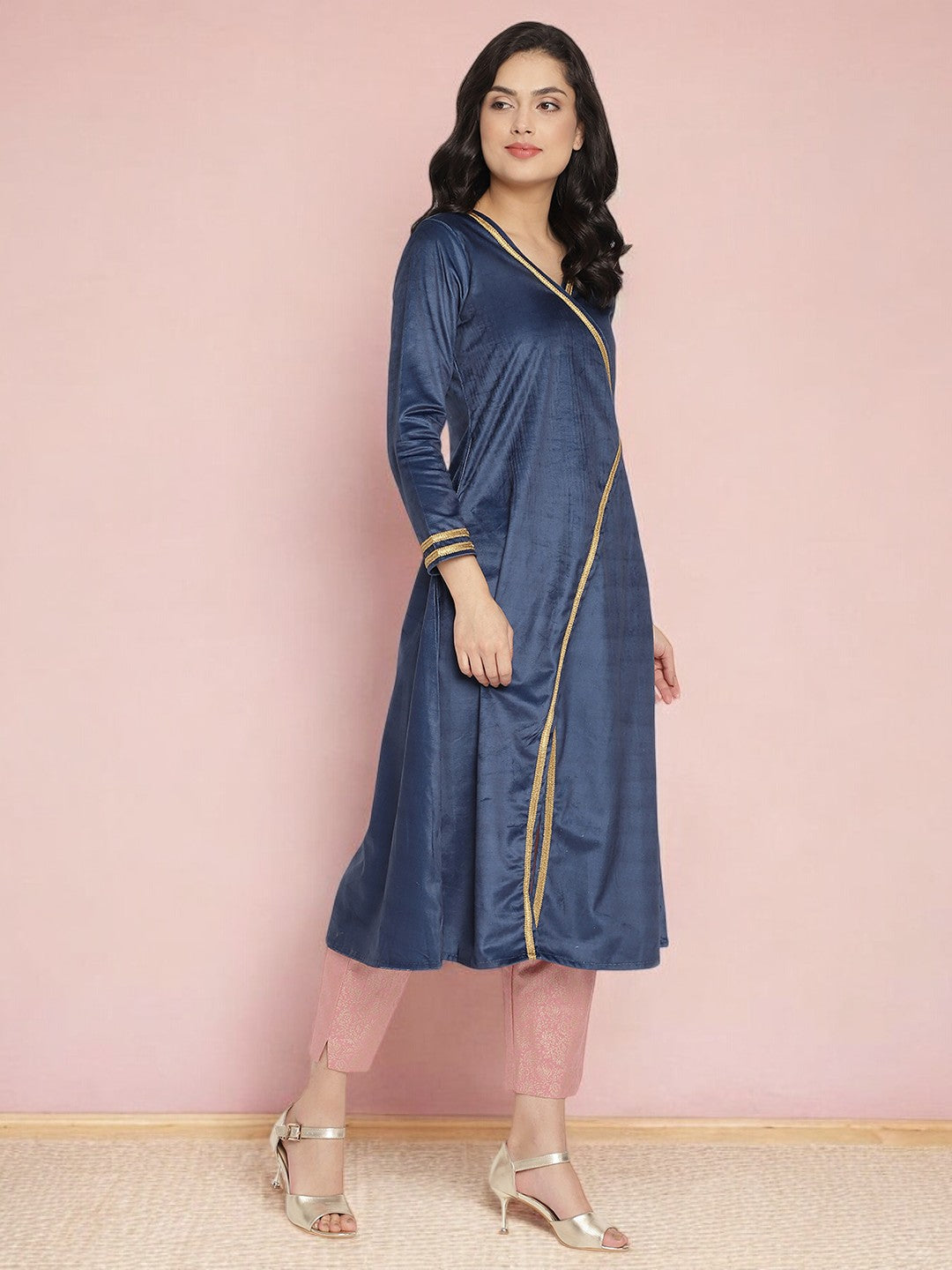 Navy Solid Velvet Angrakha Kurta With Gold Printed Pant