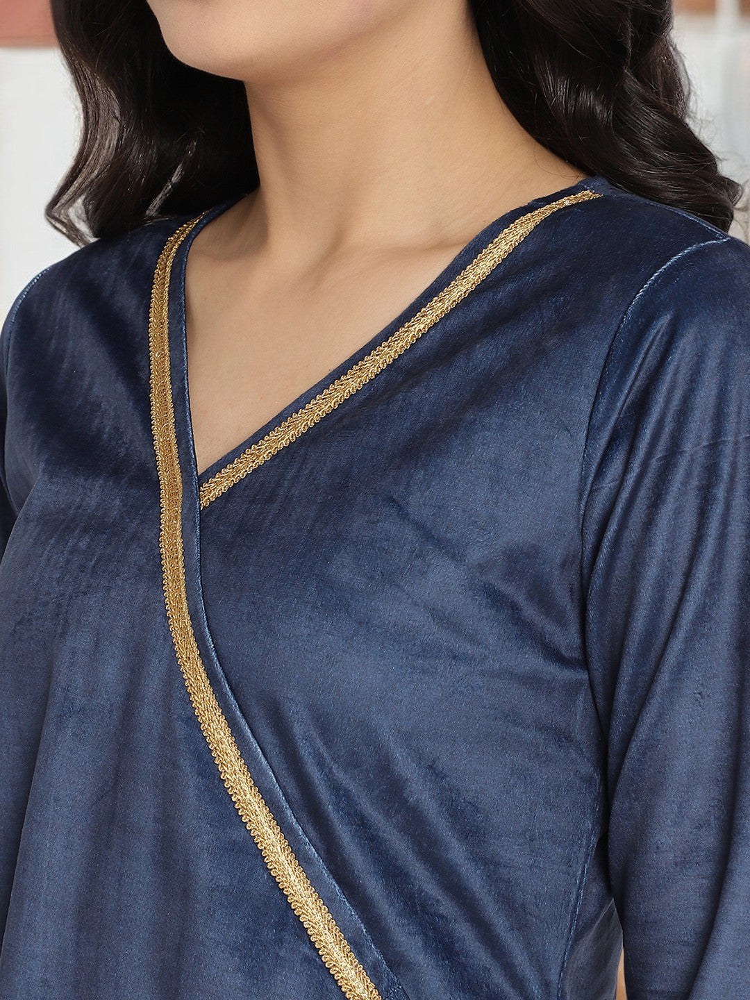 Navy Solid Velvet Angrakha Kurta With Gold Printed Pant