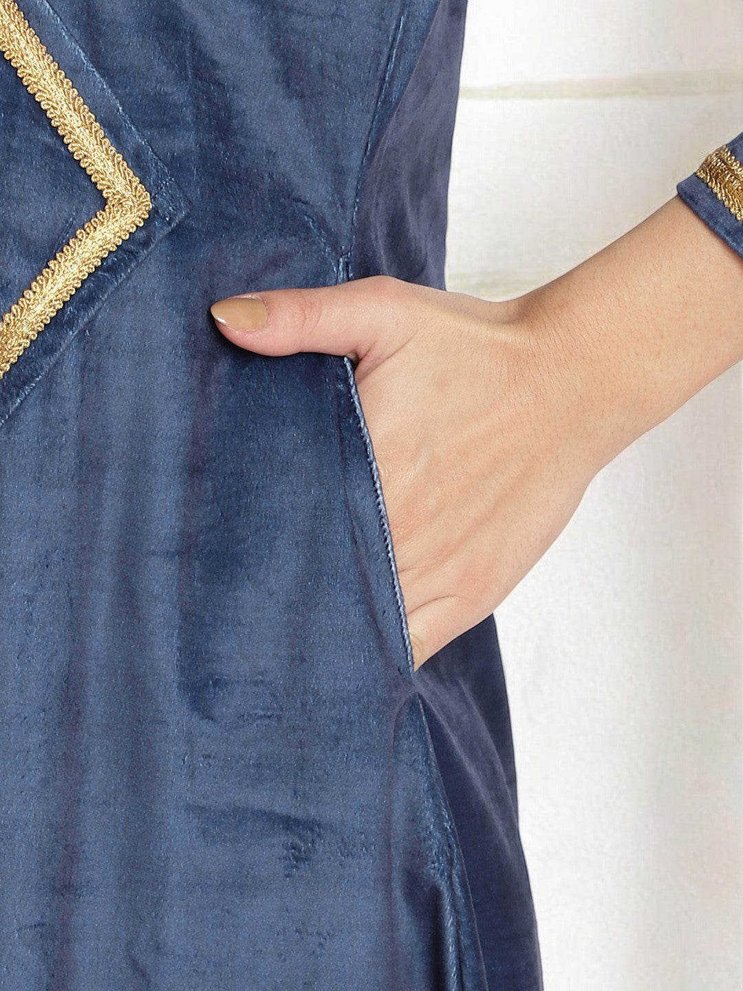 Navy Solid Velvet Angrakha Kurta With Gold Printed Pant