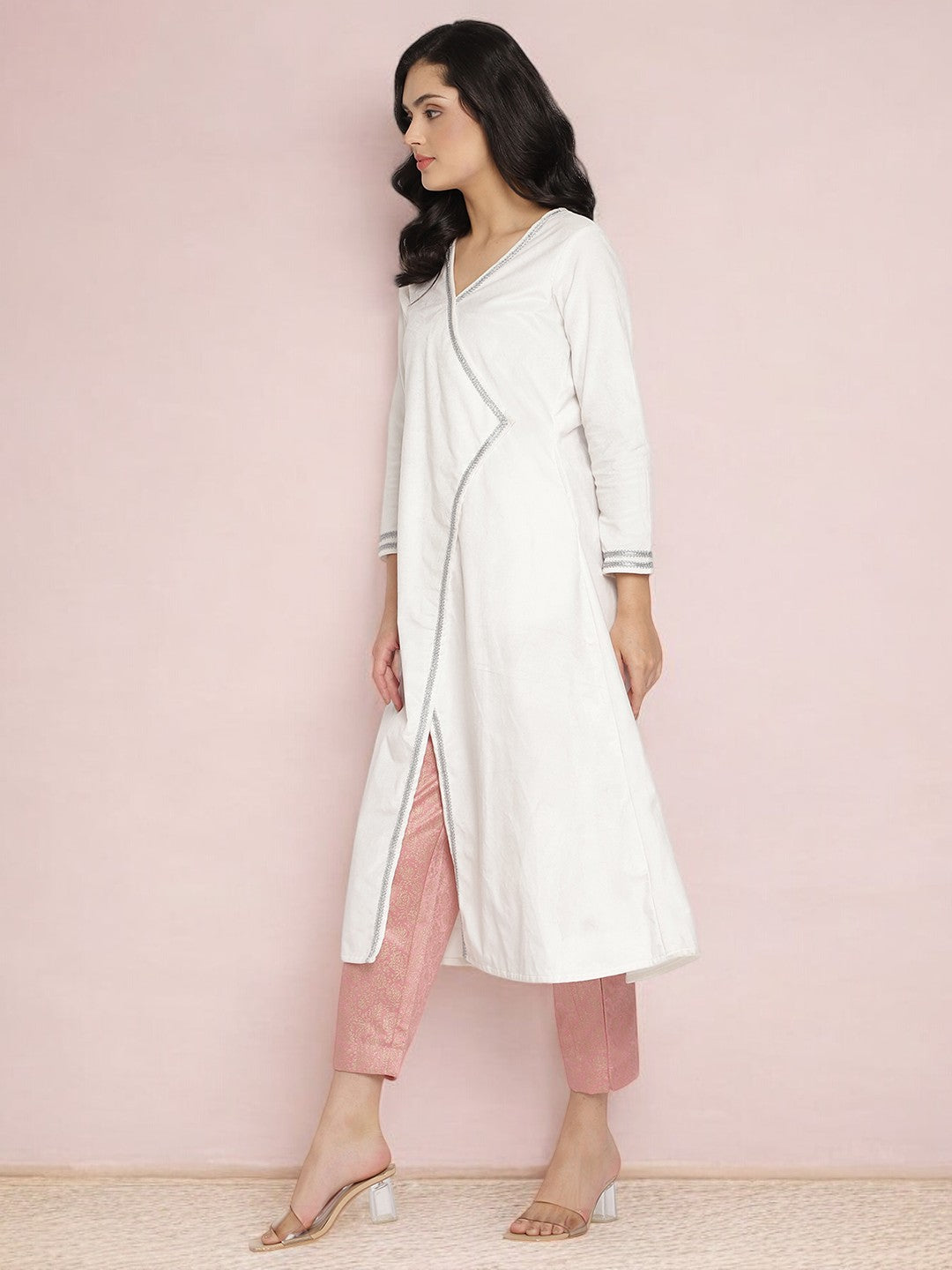 White Solid Velvet Angrakha Kurta With Gold Printed Pant