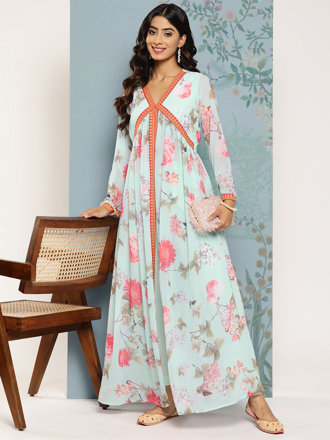 Ahalyaa Floral Printed Empire Kurta With Trousers