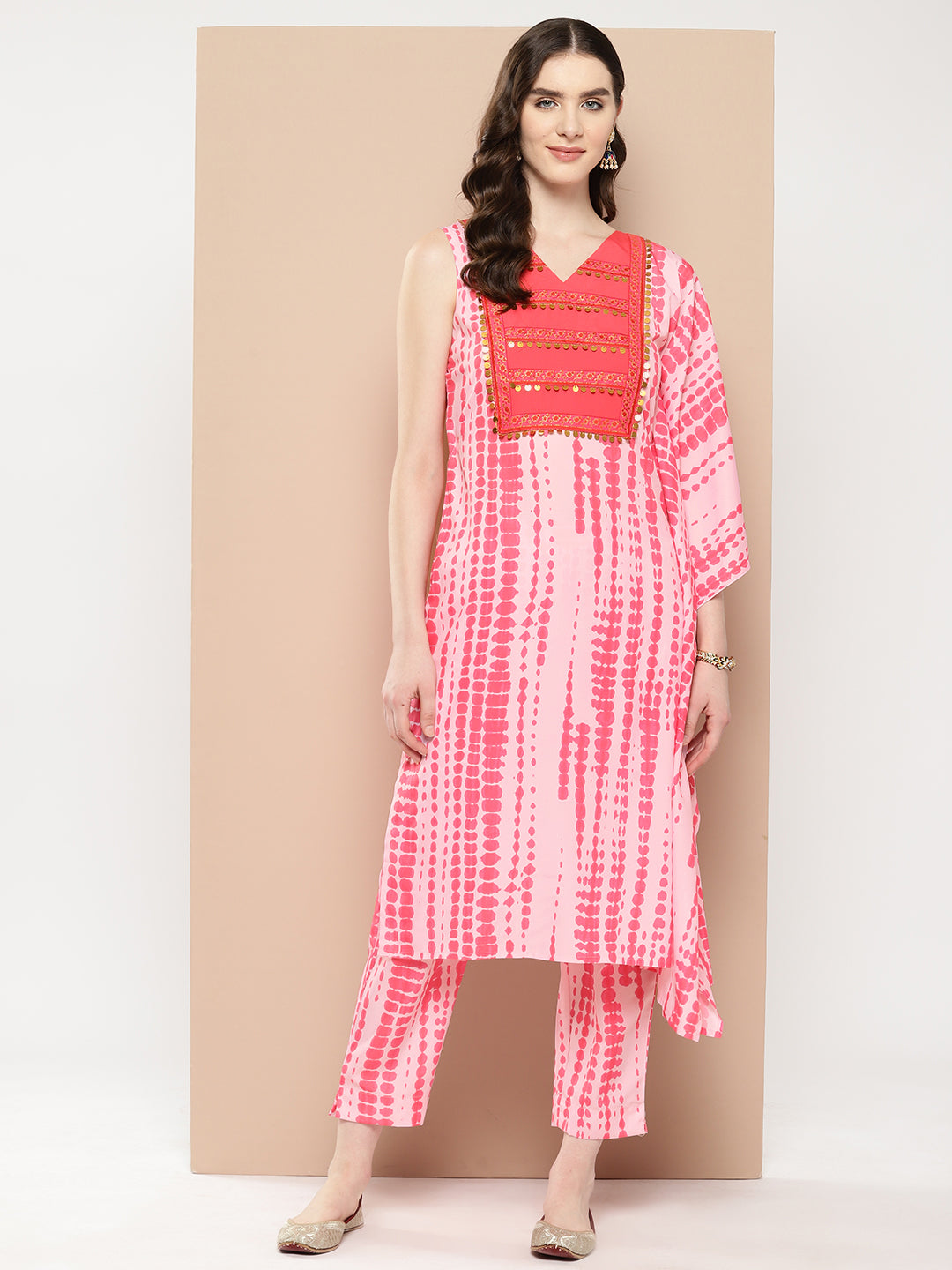 Ahalyaa Printed One-Shoulder Flared Sleeve Sequinned Kurta with Trousers