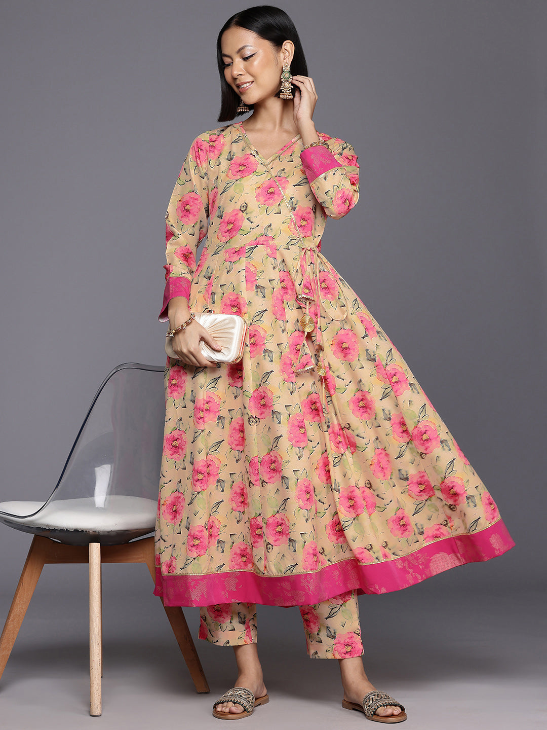 Floral Printed Angrakha Gotta Patti Kurta with Trousers