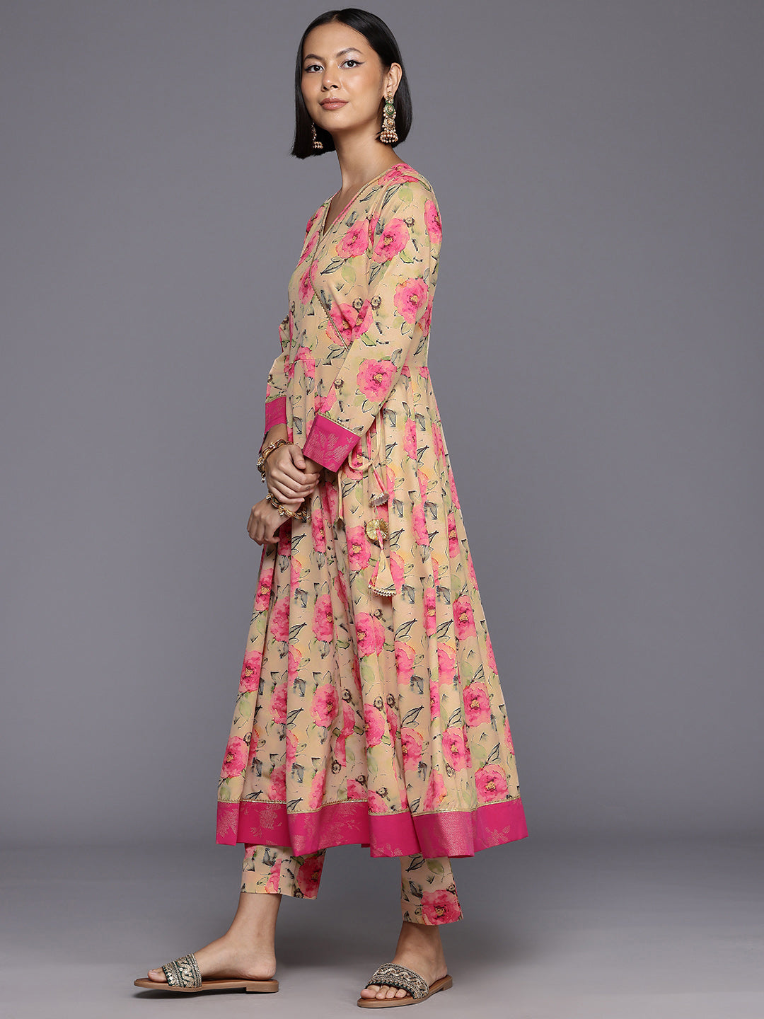 Floral Printed Angrakha Gotta Patti Kurta with Trousers