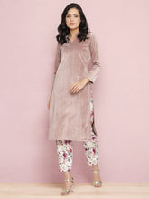 Lilac Solid Velvet Kurta & Floral Pant Set