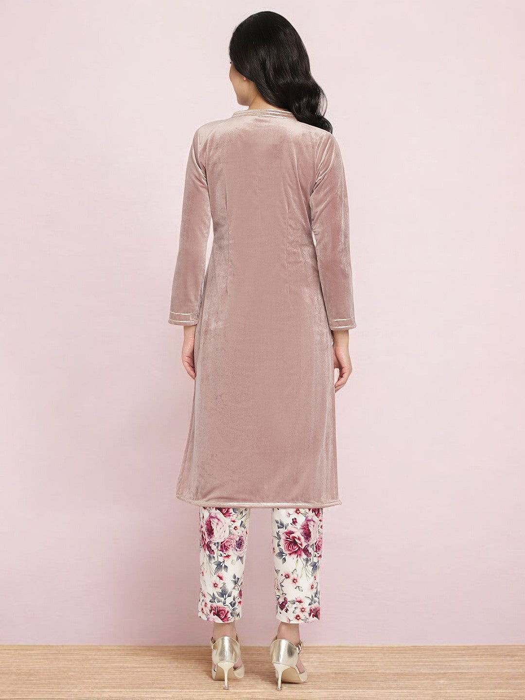 Lilac Solid Velvet Kurta & Floral Pant Set