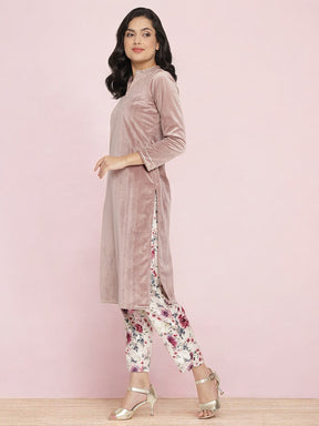 Lilac Solid Velvet Kurta & Floral Pant Set