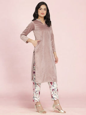 Lilac Solid Velvet Kurta & Floral Pant Set