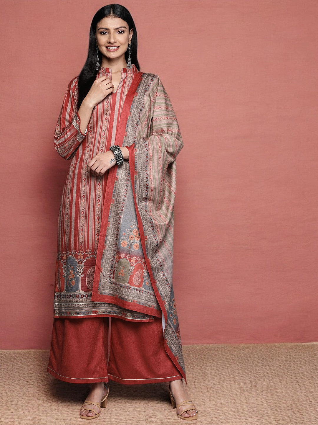 Maroon Printed Gotta Patti Velvet Kurta with Palazzos & With Dupatta