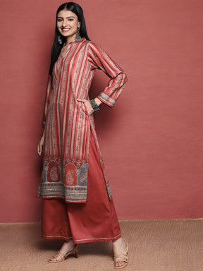 Maroon Printed Gotta Patti Velvet Kurta with Palazzos & With Dupatta