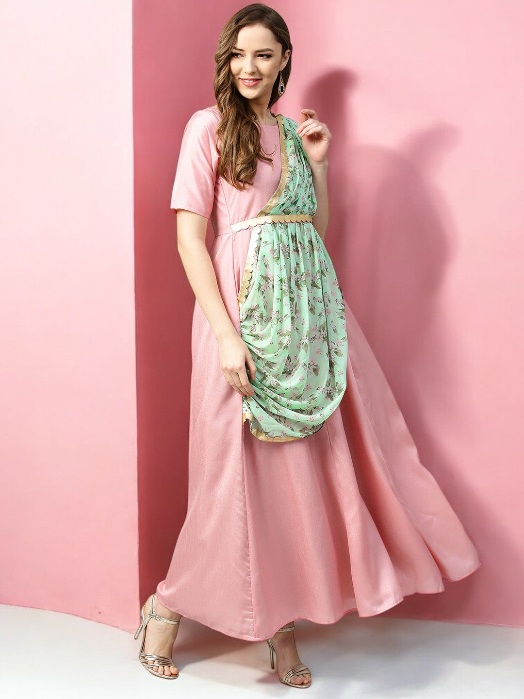 Pink & Green Solid Maxi Dress with Attached Dupatta