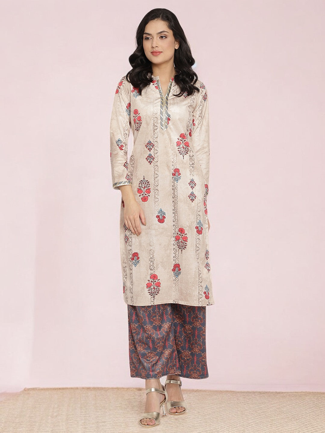 Beige Digital Print Velvet Kurta With Palazzo