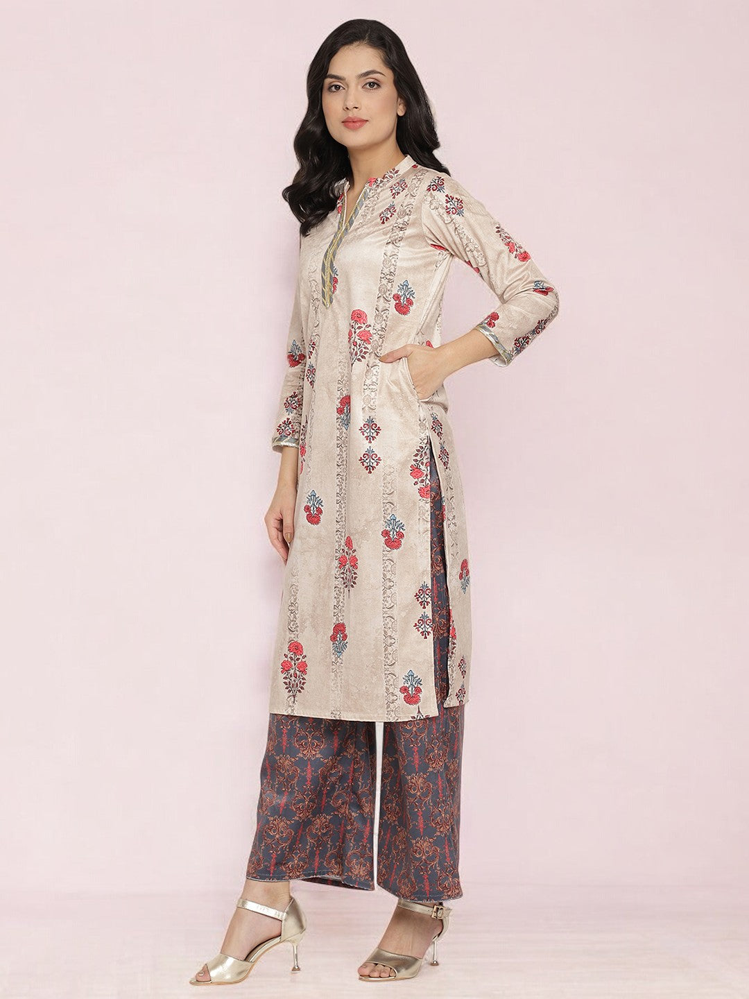 Beige Digital Print Velvet Kurta With Palazzo