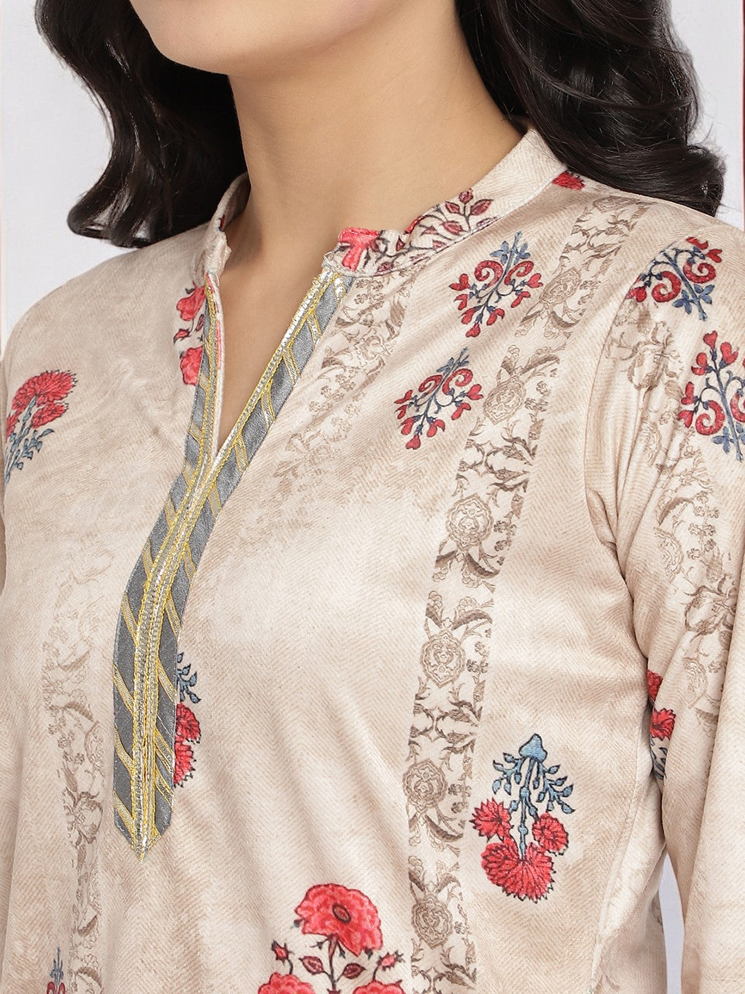 Beige Digital Print Velvet Kurta With Palazzo