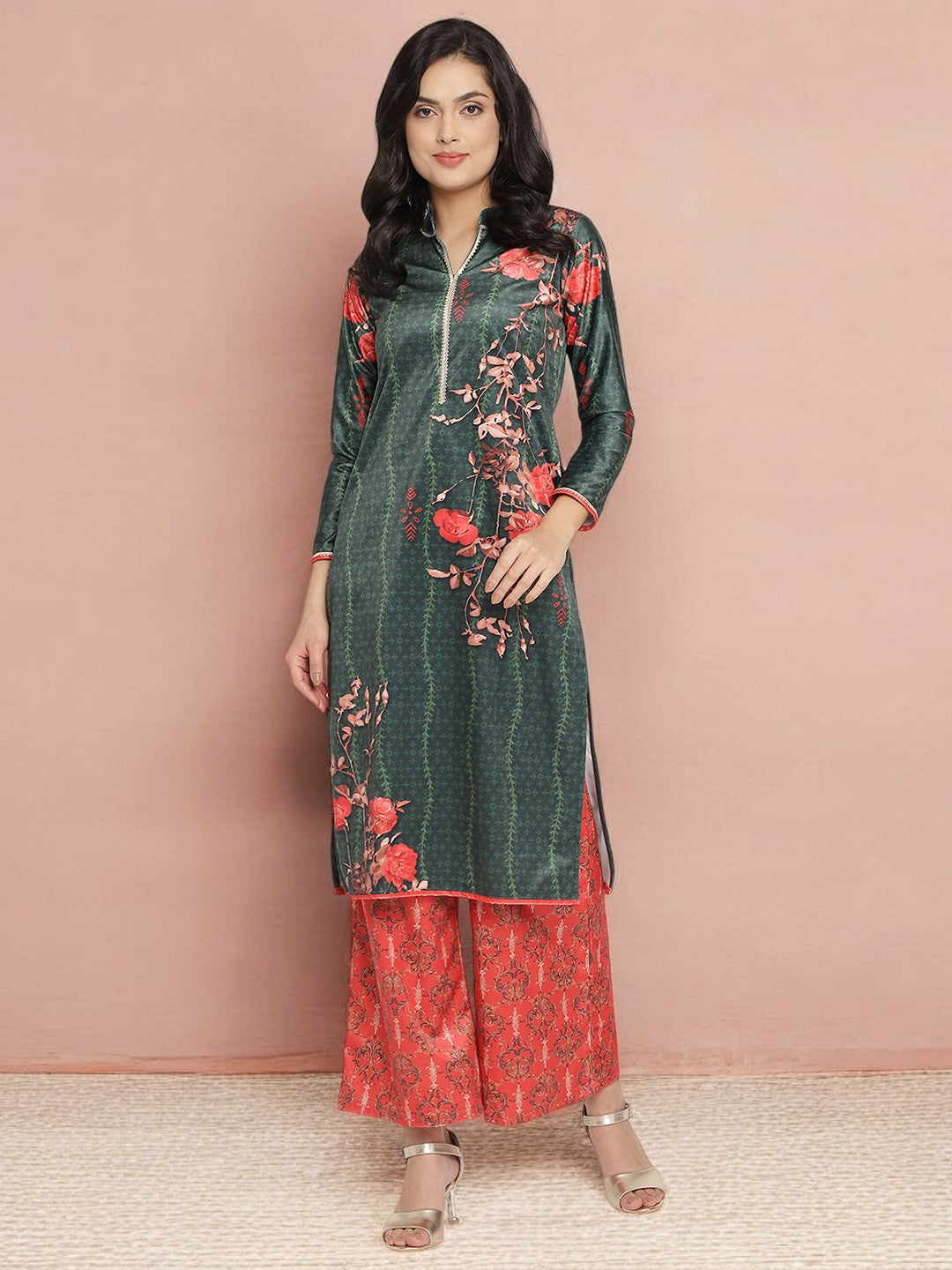 Dark Green Digital Print Velvet Kurta With Palazzo