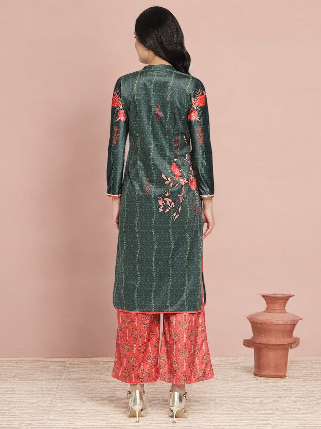 Dark Green Digital Print Velvet Kurta With Palazzo