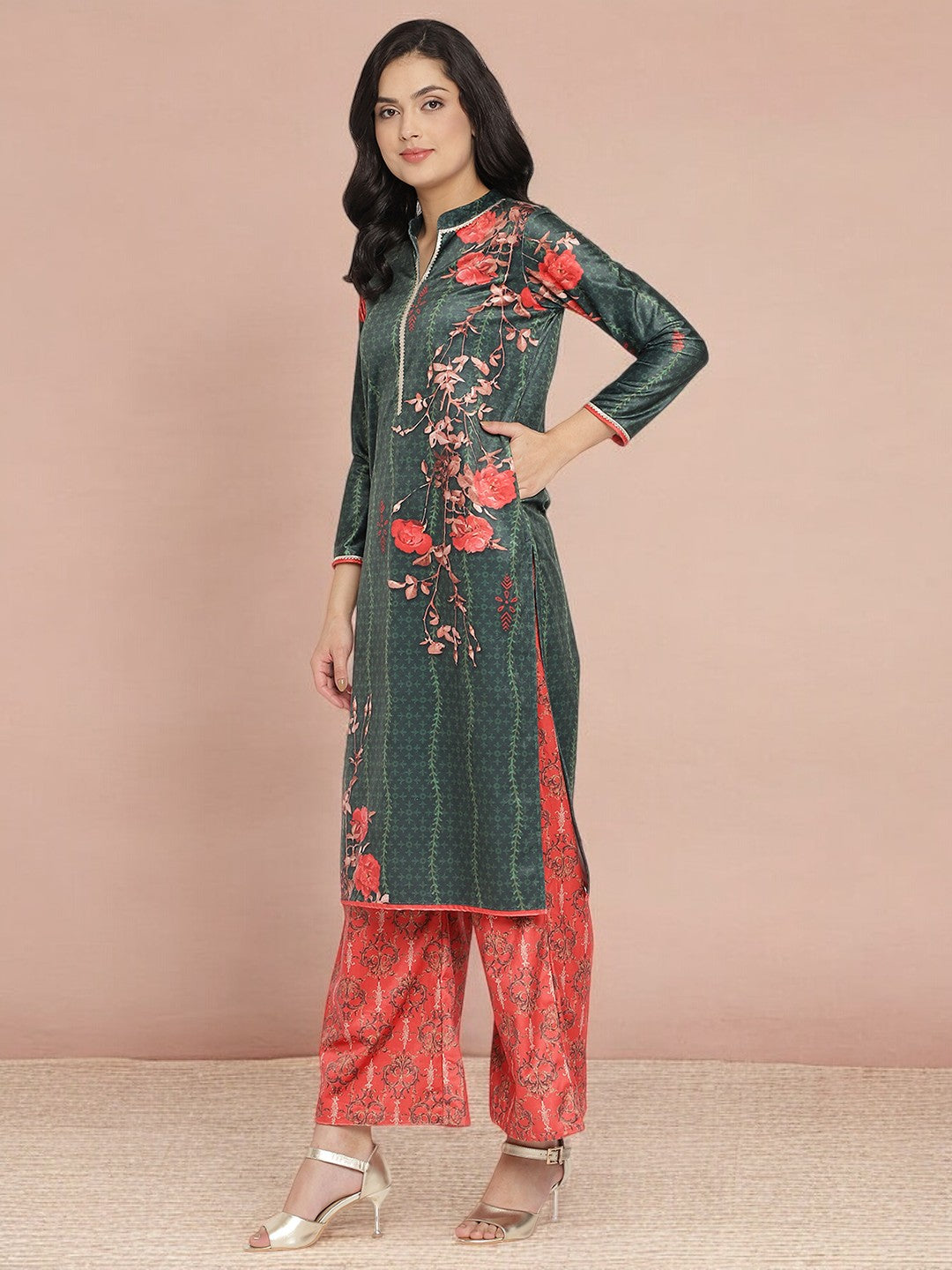 Dark Green Digital Print Velvet Kurta With Palazzo