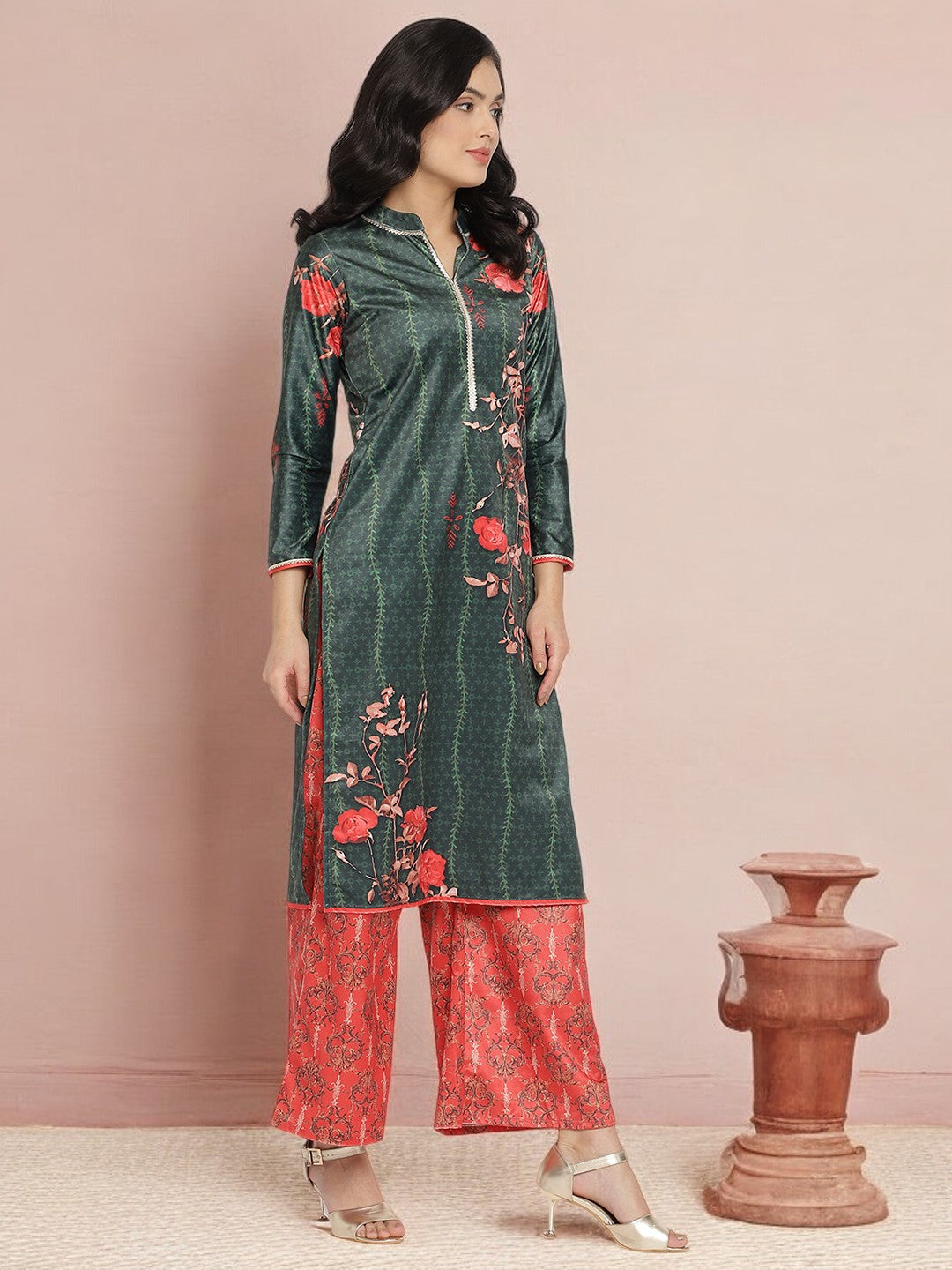 Dark Green Digital Print Velvet Kurta With Palazzo