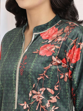 Dark Green Digital Print Velvet Kurta With Palazzo