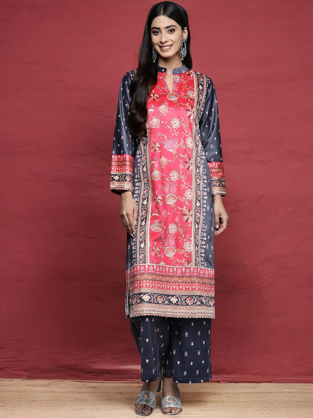 Navy Blue Printed Gotta Patti Velvet Kurta with Palazzos