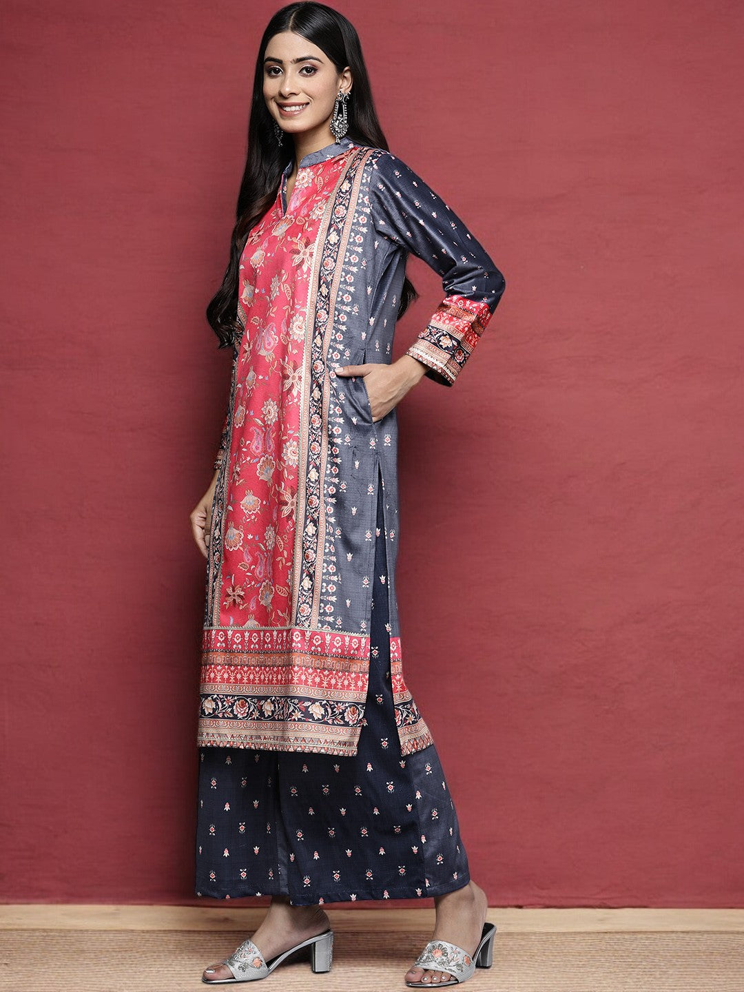 Navy Blue Printed Gotta Patti Velvet Kurta with Palazzos